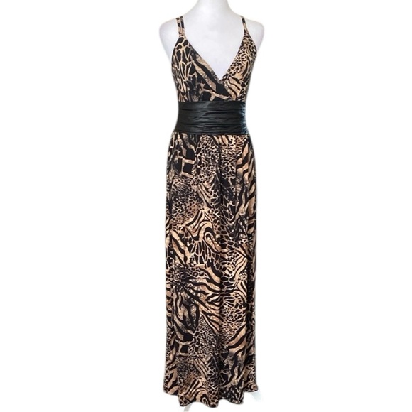 VENUS Animal Print Black Brown Sundress with Spaghetti Straps Maxi Long Dress S - Picture 1 of 11